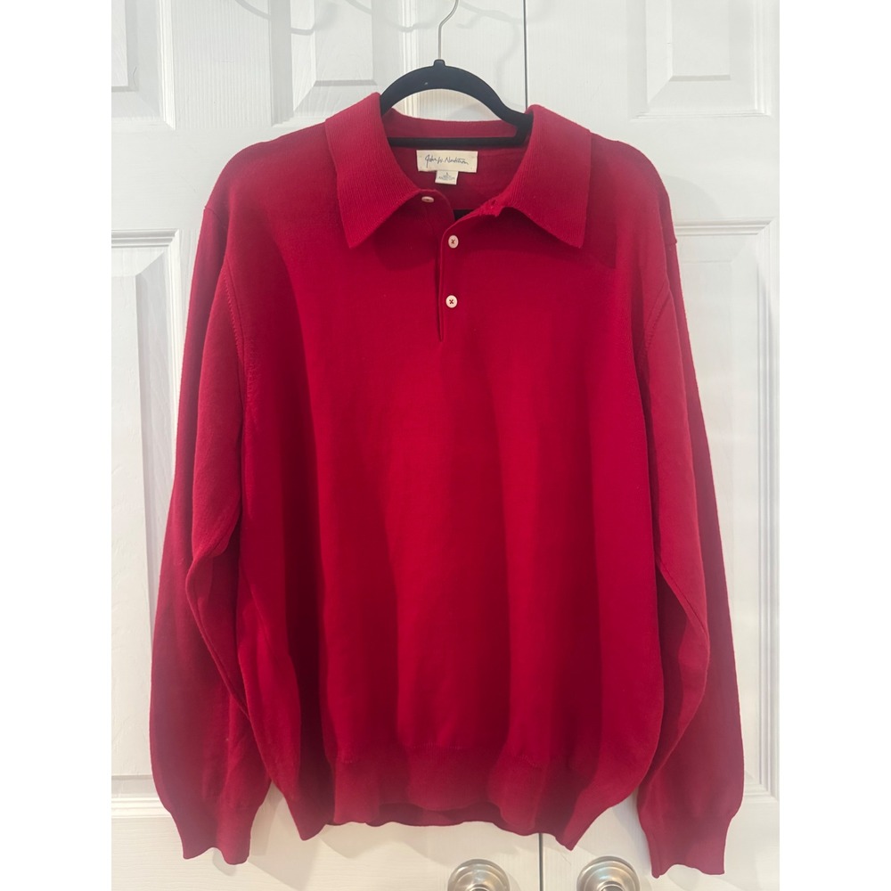 John W Nordstrom Red Extrafine 100%Merino Wool Polo Sweater Made in Italy Mens L